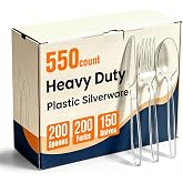 550 Count Plastic Silverware Heavy Duty, 200 Forks, 200 Spoons, 150 Knives | Clear Disposable Plastic Utensils Set, BPA-Free, Heat Resistant Plastics Cutlery for Catering &amp; Events, Daily