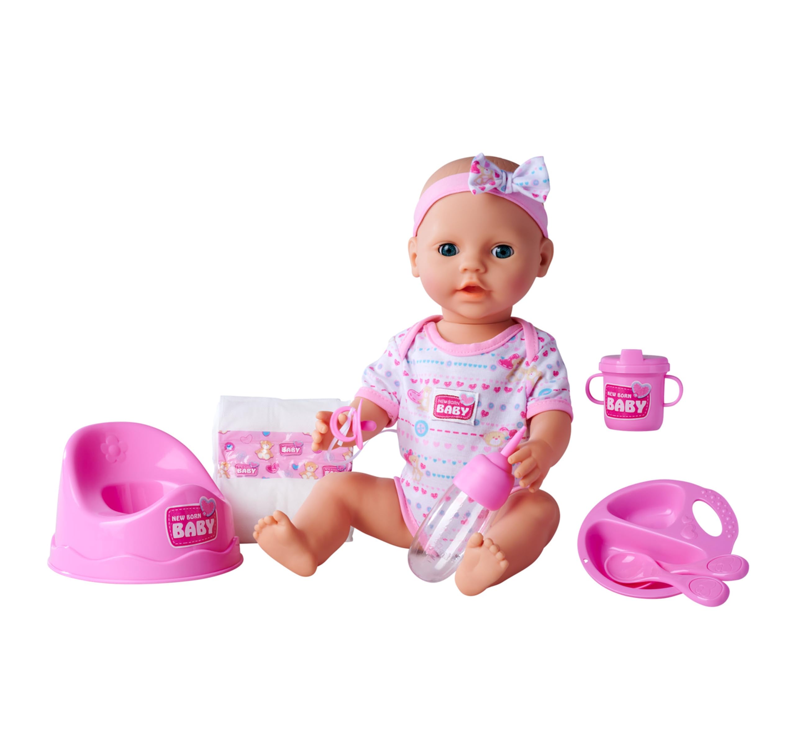 Simba 105039005 New Born Baby Doll Toy and Accessories, Drink and Wet Functions, Multicolor, 43 cm Tall, Ages 3+
