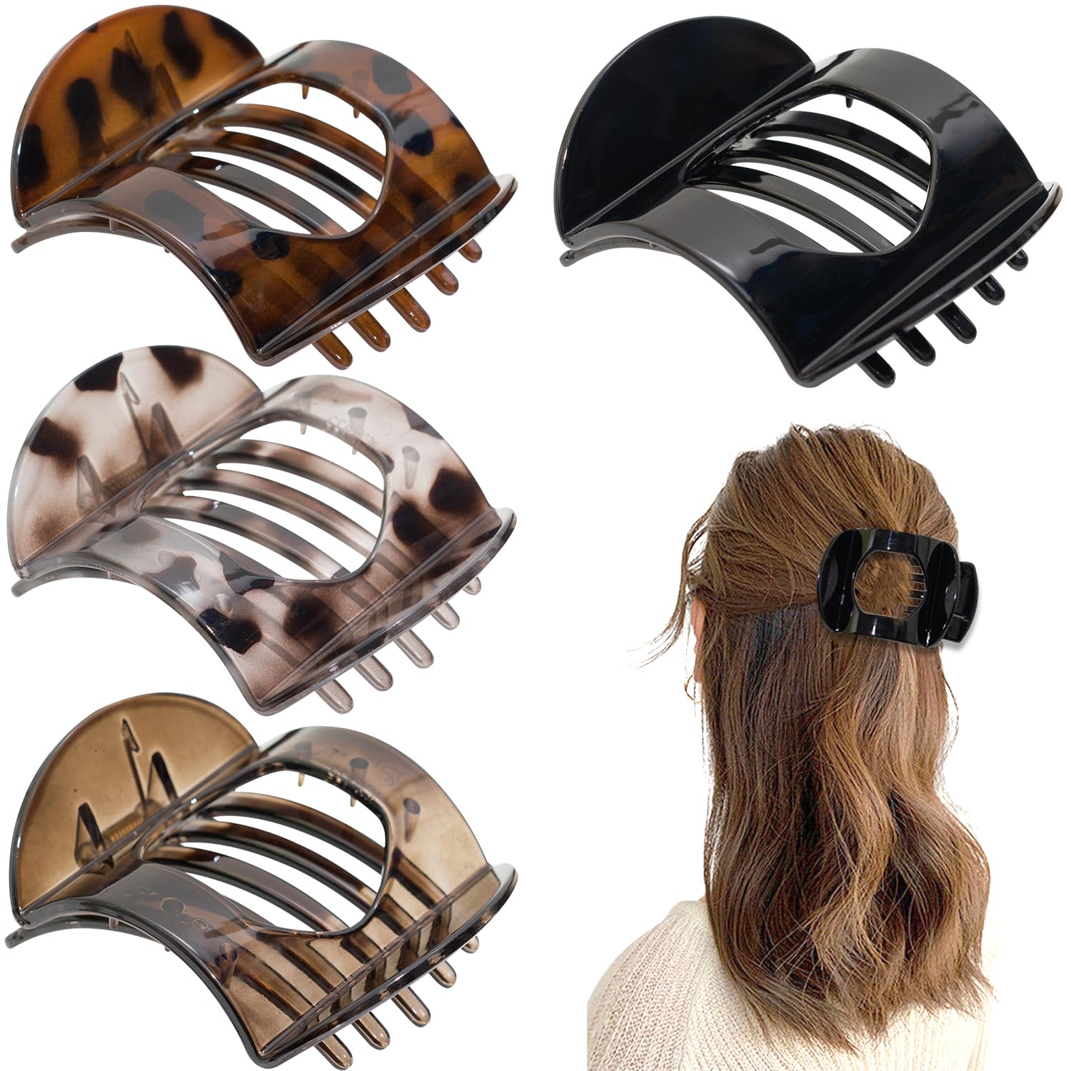 Photo 1 of Jeffan 4 PCS Flat Hair Claw Clips for Women, Square Flat Hair Claws for Thick Thin Hair, Secure Hold Inner Teeth Hair Claw Clips, Strong Hold Side Hair Clamps for Styling Sectioning, Beige