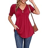 AMCLOS Womens Summer Basic Tops V Neck Tee Shirts Flowy Pleats Tunic Short Sleeve Dressy Casual Summer Blouses 2025