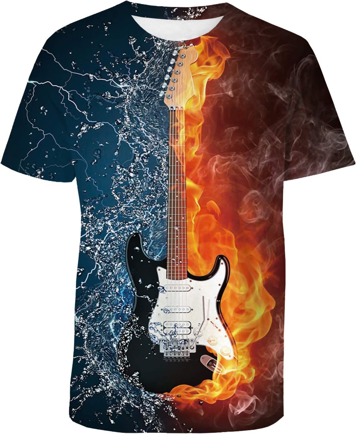 Casual 3D Printed T-Shirt Fire and Ice Sports Theme Electric Guitar Polyester Short Sleeve Tops for Men
