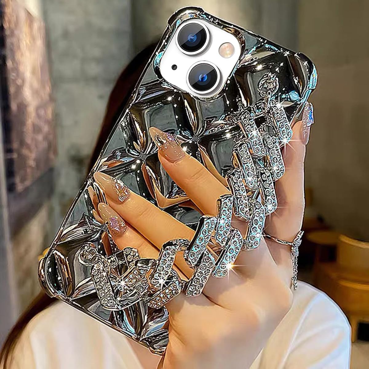 Photo 1 of Changjia for iPhone 15 Plus/iPhone 14 Plus Glitter Diamond Case with Wrist Strap Loop,Cute Bling Rhinestone Sparkle Shiny Soft Silicone Shockproof Women Girls Case for iPhone 15 Plus/14 Plus (Silver)