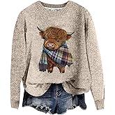 Dirzegriy Highland Cow Sweatshirt,Highland Cow Sweater for Women,Long Sleeve Knit Drop Shoulder Casual Christmas Shirts