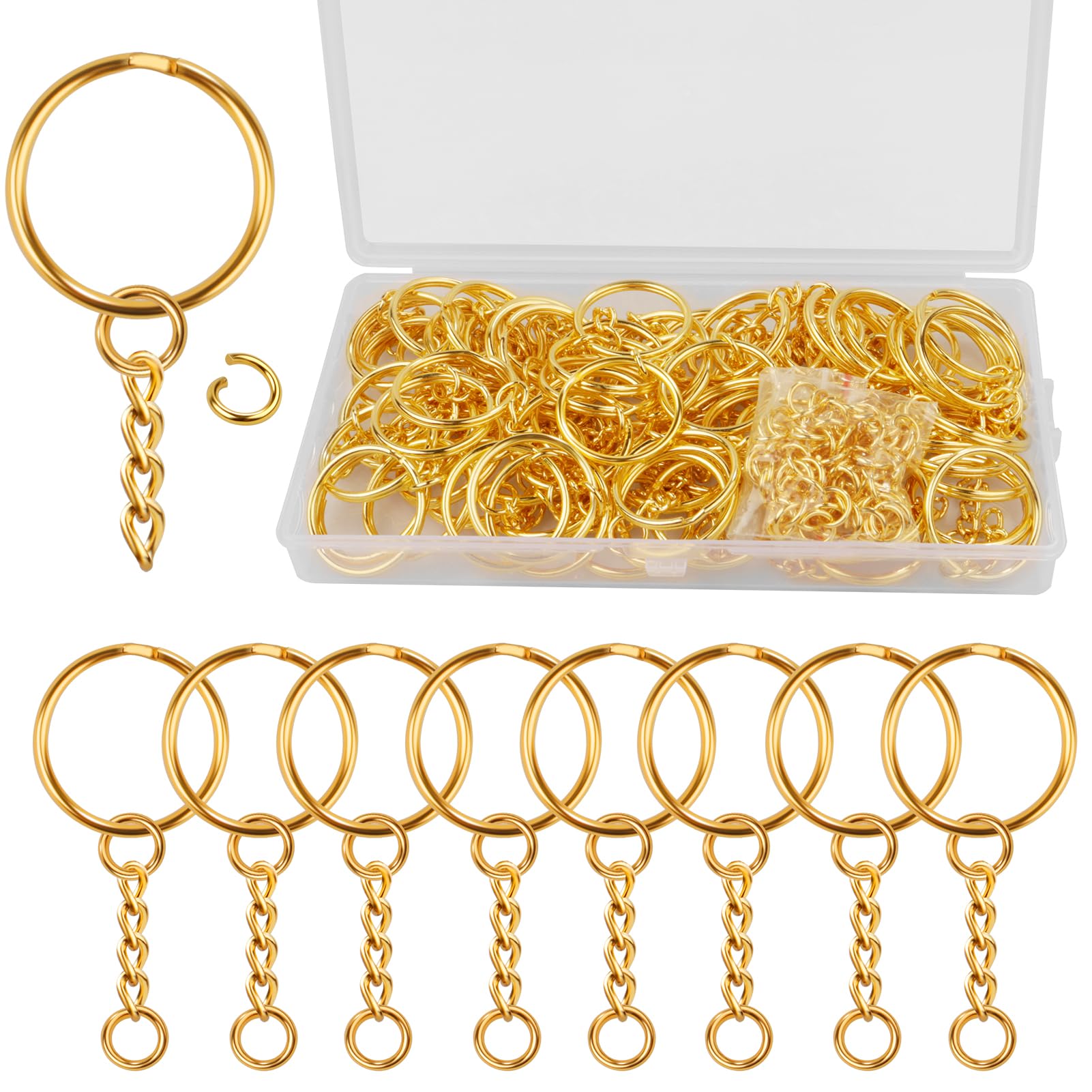 80PCS Key Chain Rings with Chain and 80PCS Open Jump Rings Metal Splits Key Ring Hoops (25mm) with Chain for DIY Other Crafts Jewelry Making, Keyring Making Gold
