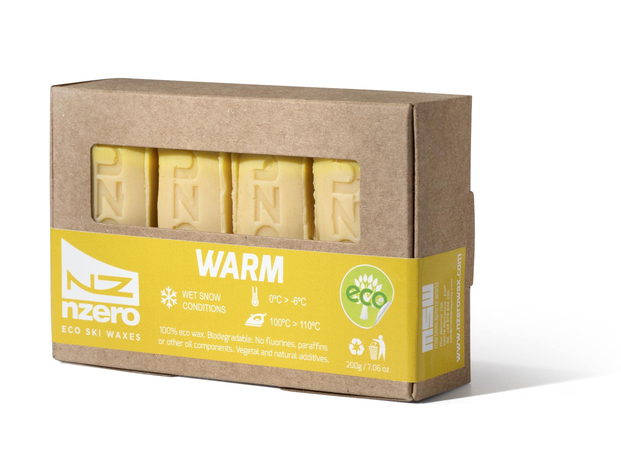 N-ZERO NZERO Organic Wax Bars 200g, 50g (x4) | Warm/Wet Snow Conditions, Yellow 0ºC/-6ºC | Natural Eco Wax for Skis & Snowboard