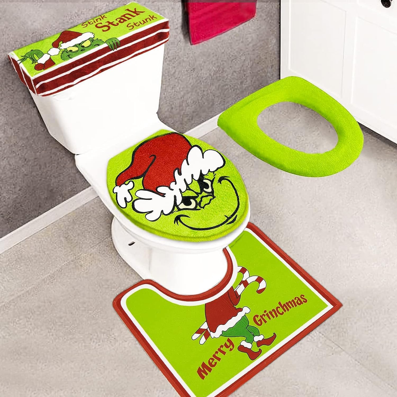 Rugs, Pads & Protectors - Christmas Decorations - Xmas Bathroom Sets - Grinchs Decor Toilet Seat Cover and Rug for Indoor Home Set of 4 (Red - Green)