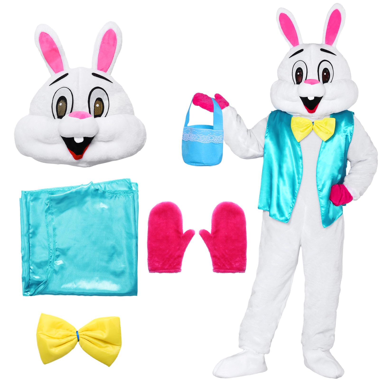 Cuercary Easter Bunny Costume Adult,Easter Funny Rabbit Costume 6 PCS,Bunny Costume Adult with Vest Bow Basket Easter Rabbit for Easter Party Costume Men(Blue-1)