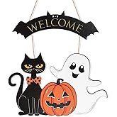 Halloween Decoration Wooden Ghost Door Halloween Wreath for Front Door Sign Wall Signs Decor, Pumpkin Black Cat Wreaths Sign Hanging for Home Wall Decor Outdoor Indoor Farmhouse Party Supply