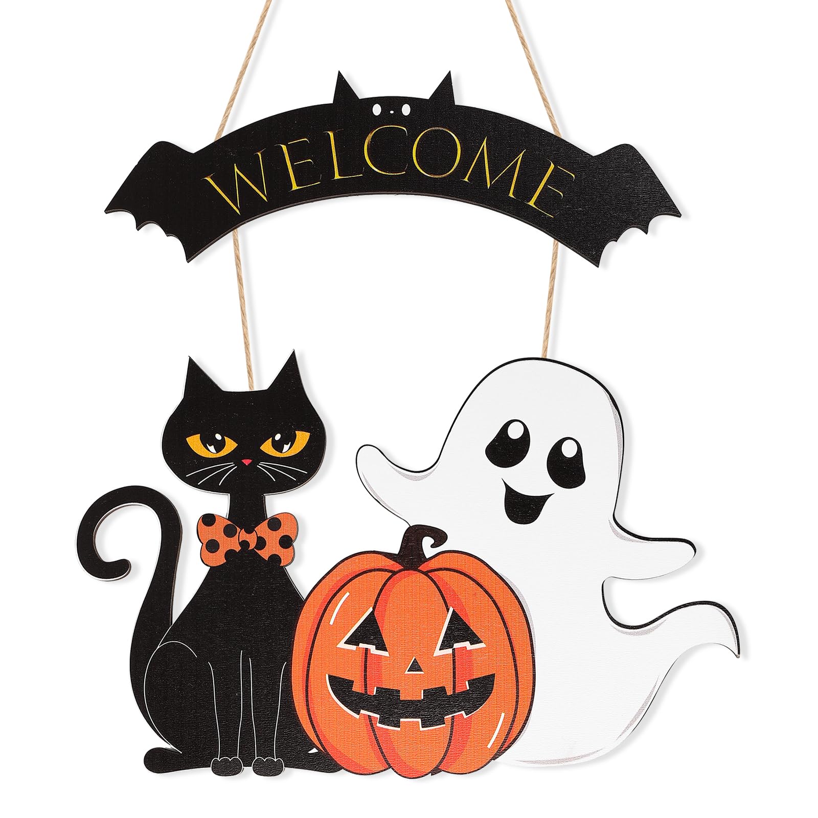 Photo 1 of Halloween Decoration Wooden Ghost Door Halloween Wreath for Front Door Sign Wall Signs Decor, Pumpkin Black Cat Wreaths Sign Hanging for Home Wall Decor Outdoor Indoor Farmhouse Party Supply