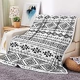 Aztec Blanket, Black and White Boho Native Tribal American Throws Blankets, Southwest Geometric Vintage Flannel Soft Blanket Cover for Couch Chair Bed Outdoor Travel Decor, 50X60IN