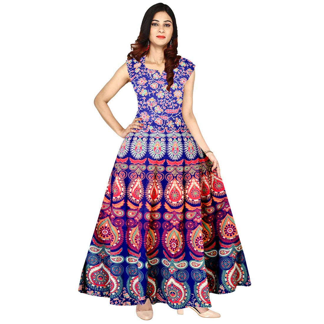 chinese dress ladies Buy Outer Wear Rajasthani Traditional Women's Cotton Maxi Long Kurti Dress  Naptol Print Pumfum Attached frock-38-Multicolour 1 at Amazon.in main image 0
