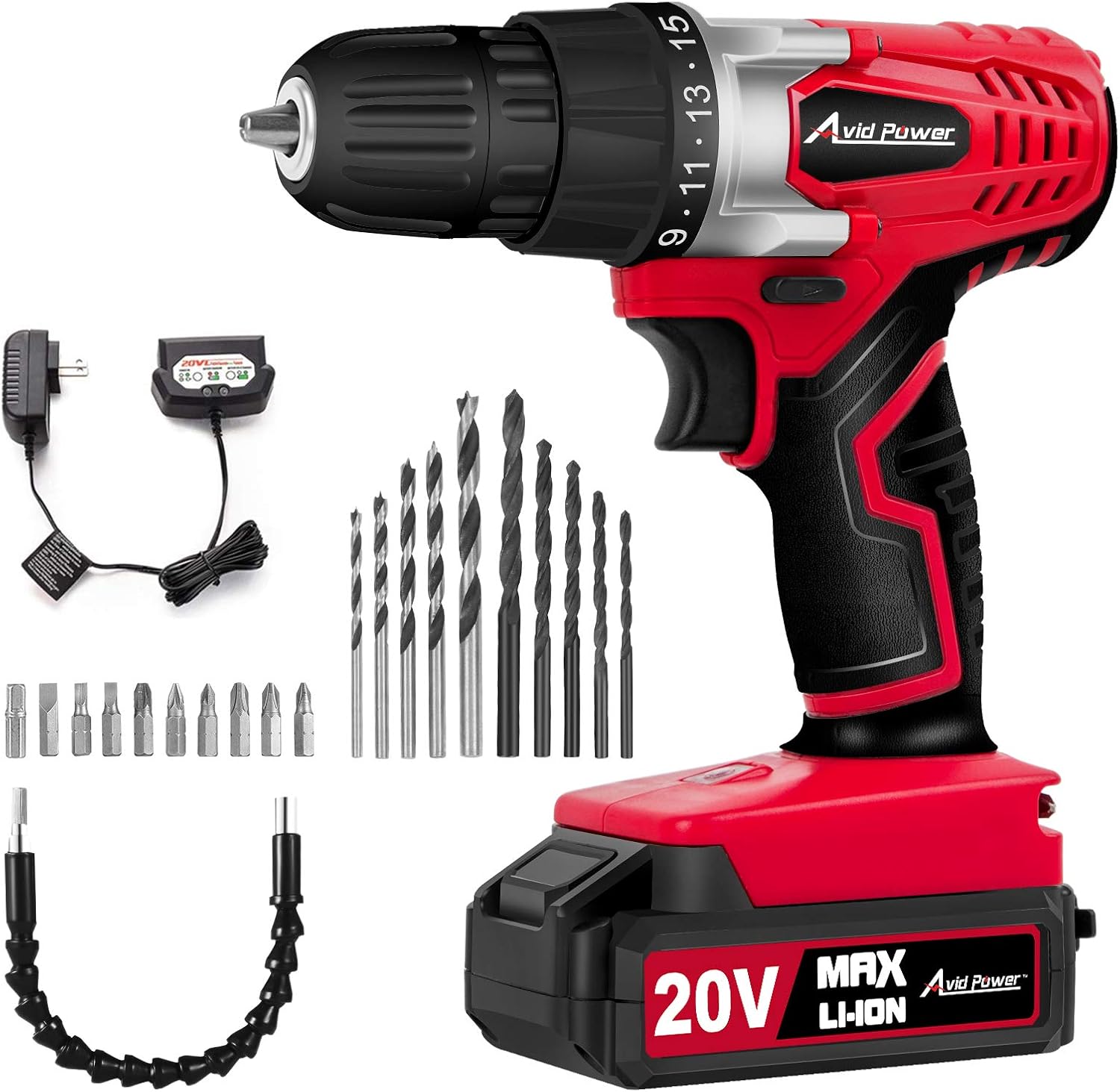 Avid Power 20V MAX Lithium Ion Cordless Drill, Power Drill Set with 3/8 inches Keyless Chuck, Variable Speed, 16 Position and 22pcs Drill/Driver Bits: Home Improvement