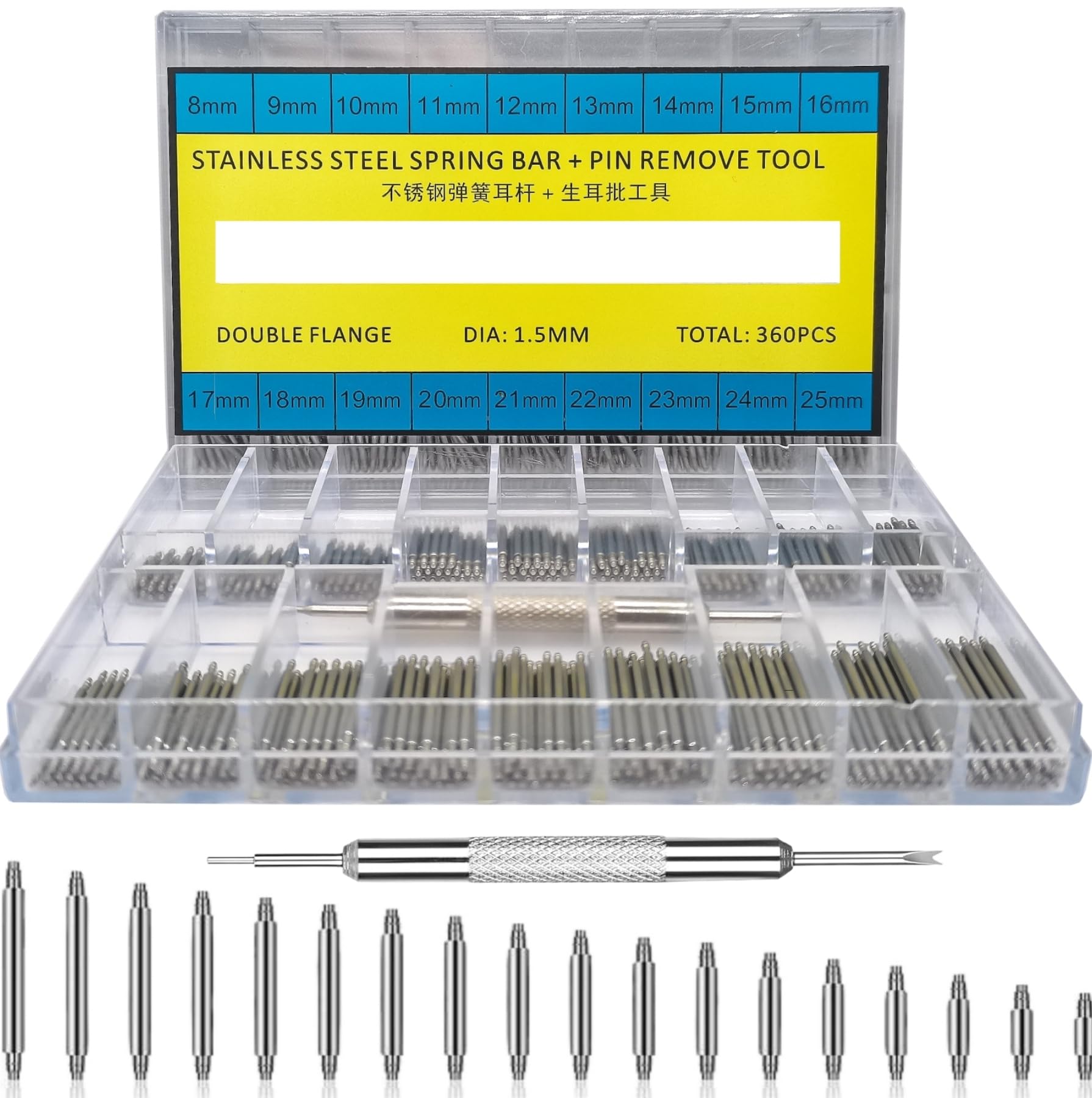 Photo 1 of XinYunfan 360Pcs (8-25mm) Watch Band Pins, Professional Watch Spring Bar + Bands Strap Link Pin Remover Tool, Stainless Steel Watch Pins Suitable for Watchmaker