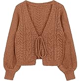 ZAFUL Women's Tie Front Crop Cardigan Sweater V-Neck Lantern Sleeve Open Front Loose Casual Knitwear