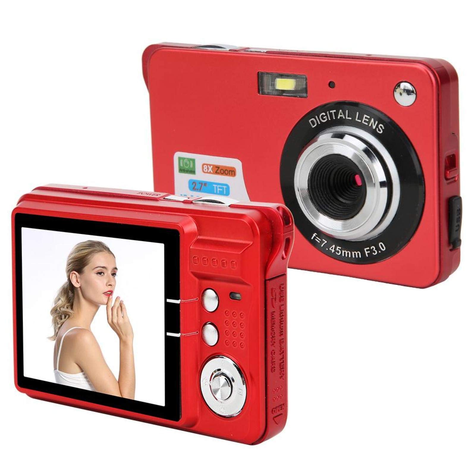 8x Zoom Card Digital Camera,18 MP 2.7in LCD Display Maximum Support 32GB Memory Card Built-in Microphone, Pocket Camera Small Digital Camera for Kids, Students, Teens,Beginners (red)