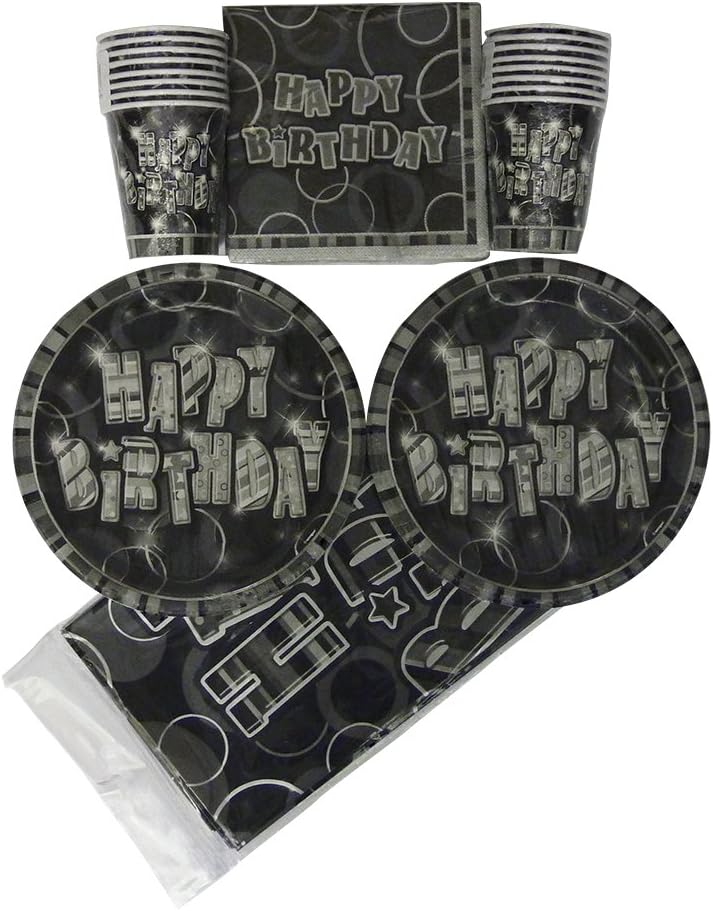 Party Supplies - Tableware Pack – Happy Birthday Black Glitz Party Bundle – 16 Paper Plates, 16 Napkins, 16 Cups, 1 Tablecover - Disposable Tableware – Partyware For Kids - 49 items total.