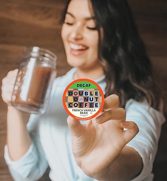 DOUBLE DONUT DECAF FRENCH VANILLA COFFEE PODS, MEDIUM ROAST SINGLE SERVE FRENCH VANILLA BEAN DECAF FLAVORED COFFEE PODS FOR KEURIG K CUP BREWERS, 24 COUNT