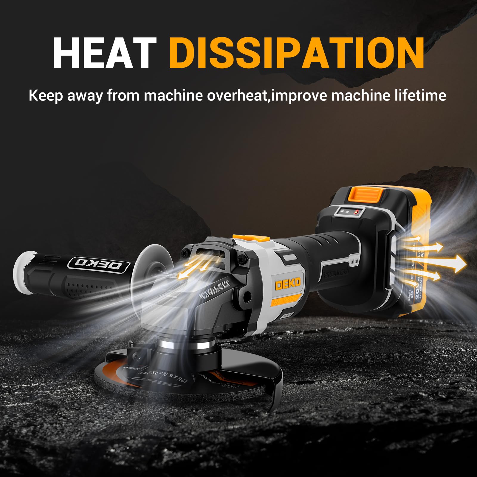 Akku-Winkelschleifer 20V Ø 125mm: DEKOPRO Schleifer mit 4.0Ah Akku, bürstenloser Motor, 8500RPM – inkl. 2 Schleif-, 1 Trennscheiben, 2 Schutzhauben, Akku & Ladegerät für Trennen Schleifen Polieren 6