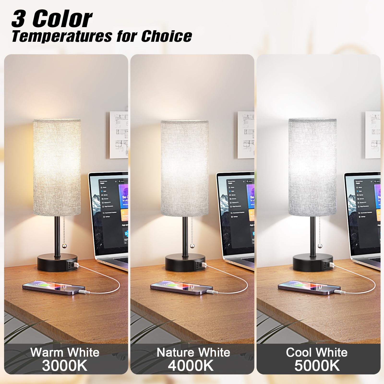 Grey Bedside Lamp for Bedroom Nightstand - Small Table Lamp with USB A + C Charging Port, 3 Color Temperatures Pull Chain Night Stand Light with Bulb, Side Table Desk Reading Lamp for Living Room/Dorm