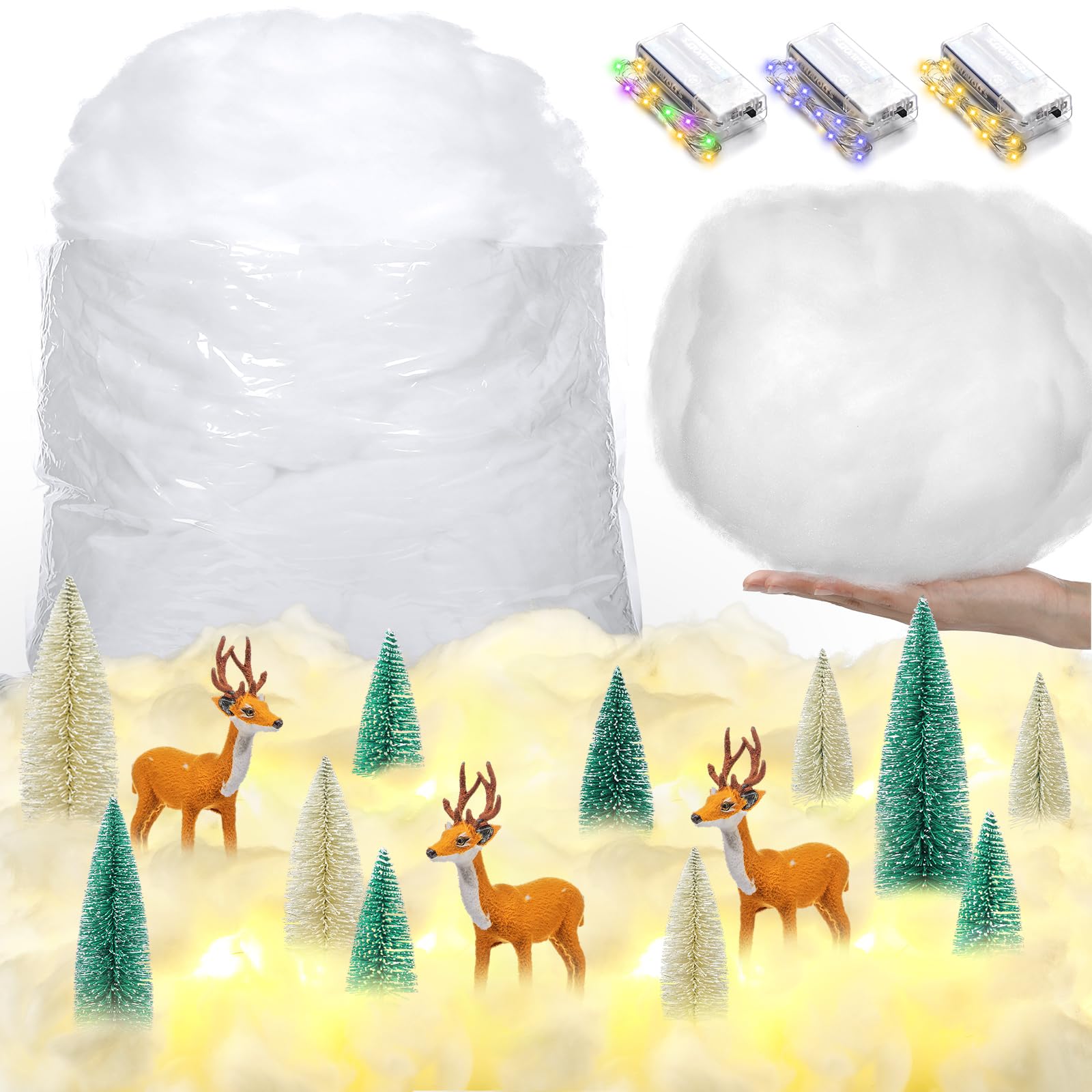 Photo 1 of 28.16 Ounce Fake Clouds Cotton Decoration, Halloween LED Clouds 3D Artificial Snow with 3 LED Strings Light Battery Operated (Not Included) Faux Fluffy Cotton for Christmas Table Wall Hanging