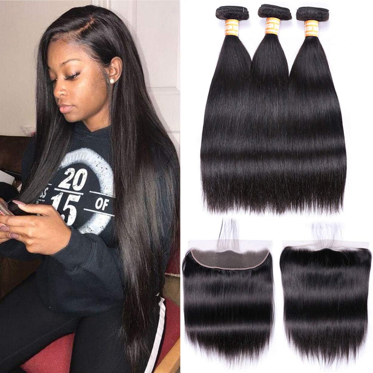 VTAOZI Brazilian Straight Human Hair 3 Bundles with Frontal Lace Closure 13x4 Ear to Ear Lace Frontal with Bundles 8A 100% Unprocessed Virgin Hair Extensions Natural Color (10 12 14 with 10 Frontal)
