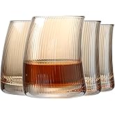 Wlasss Whiskey Glasses Set 4, 11 oz Ribbed Drinking Glasses for Whisky, Bourbon, Scotch and Juice, Stylish,Hand Blown Lowball Glasses, Gifts for Men