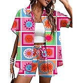 LOMON Women's 2 Piece Hawaiian Vacation Outfits Tropical Print Short Sleeve Shirts and Shorts Beach Sets Resort Wear
