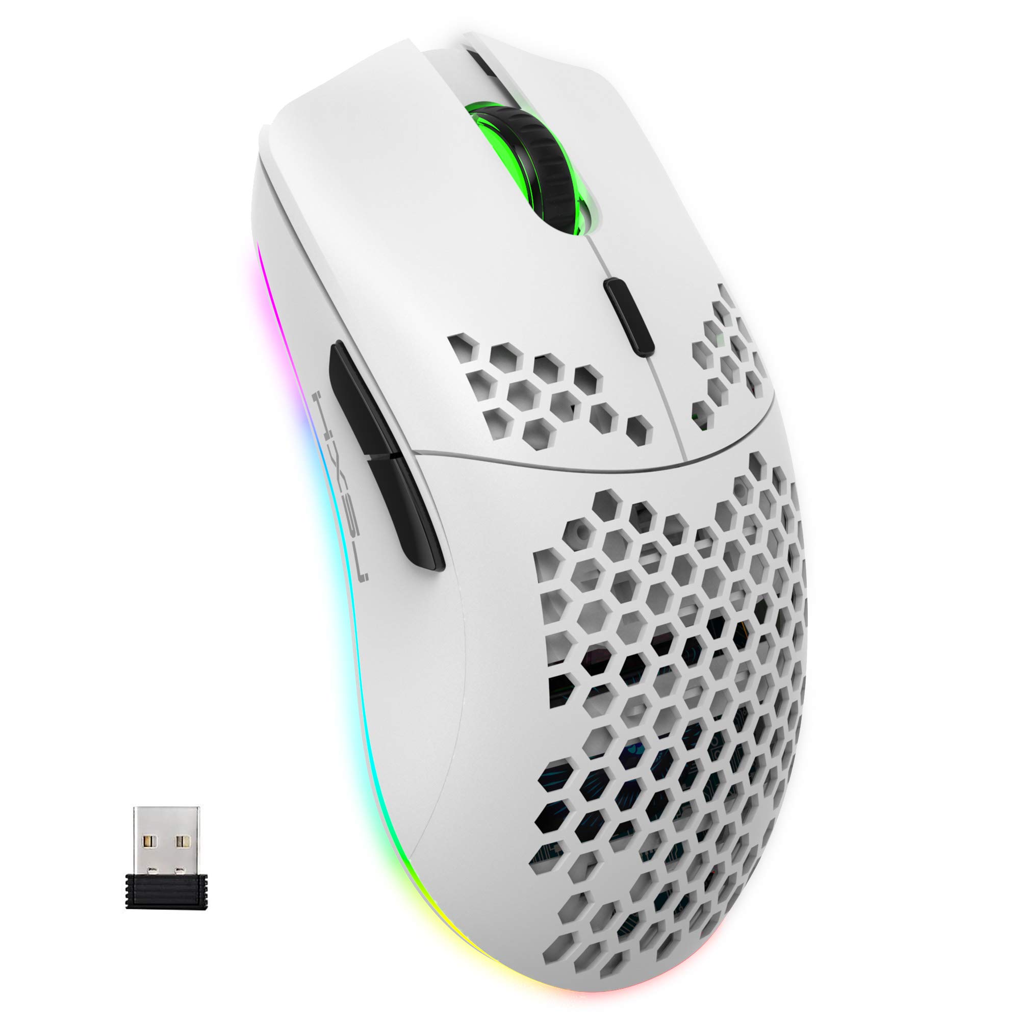 Wireless Gaming Mouse, 2.4G Lightweight Honeycomb Shell Ergonomic RGB Mice with 750mAh Rechargeable Battery, Energy Saving, 6 Buttons & Mini USB Receiver for Windows, Mac OS, Laptop, Smart TV(White)