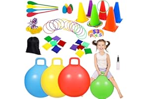 CWLAKON Outdoor Carnival Games 53Pcs, Hopper Balls for Kids, Soft Plastic Cones Bean Bags Ring Toss Game, Egg Spoon Relay Race, Outside Lawn Yard Backyard Field Day Birthday Party Family Reunion Game