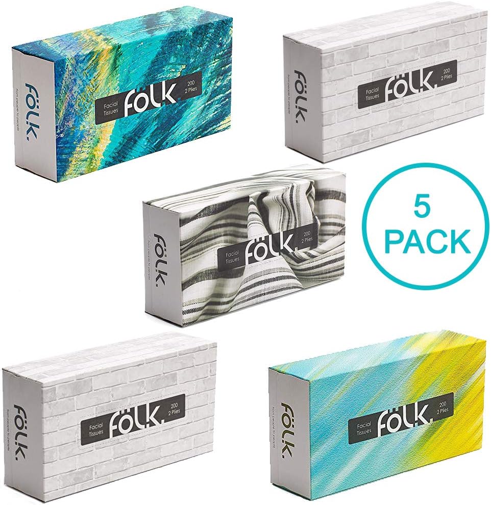 Folk Facial Tissue Paper Bulk Ultra Soft and Absorbent 500 - 2 Plies per Flat Box 5 cartons x 100 Sheets Perfect for Family, Home, Office, Car, Natural Cellulose, Hypoallergenic, White Design