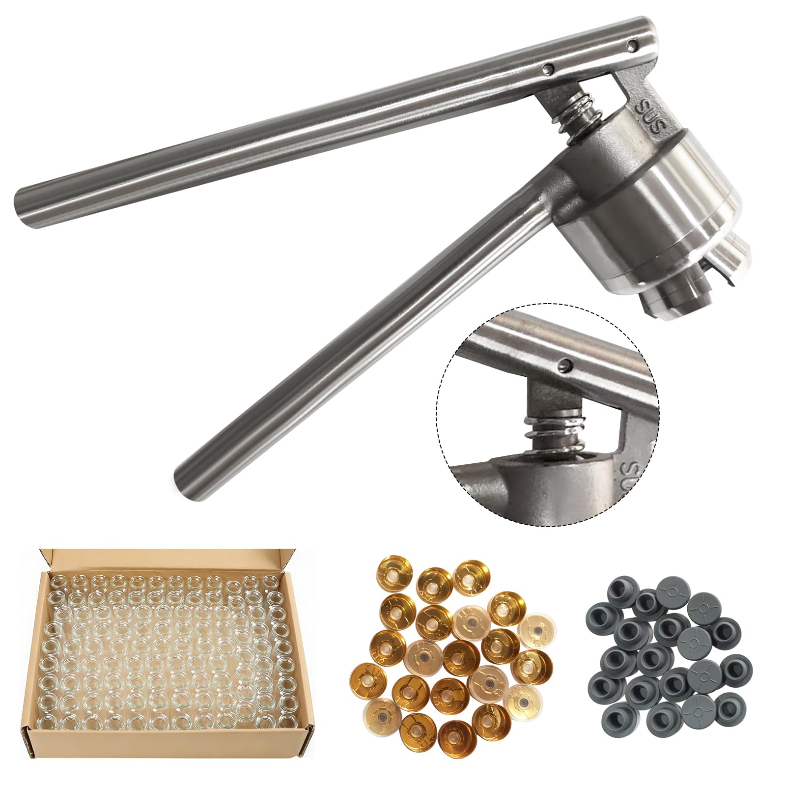 YaeTek 20mm Vial Manual Crimper - Hand Sealing Machine W/100 PCS Vials + Stoppers + Caps, Handheld Cap Crimping Tool Antibiotics Bottle Capper Medical bottle capping Machine