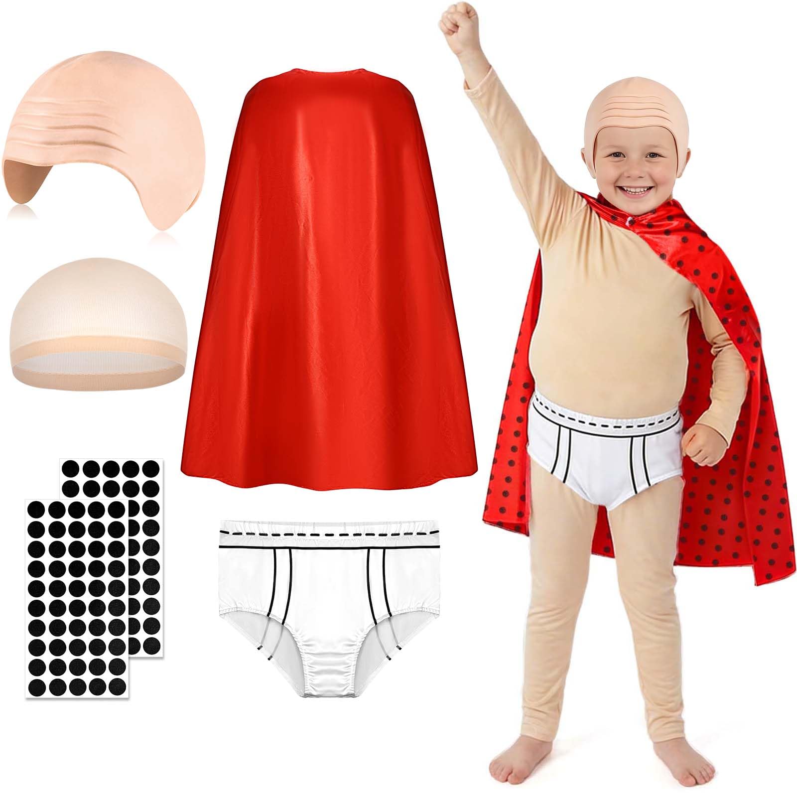 Kavoc 5 Pcs Underpants Cosplay for World Book Day with Red Cape Bald Cape Set for Book Theme Party Cosplay