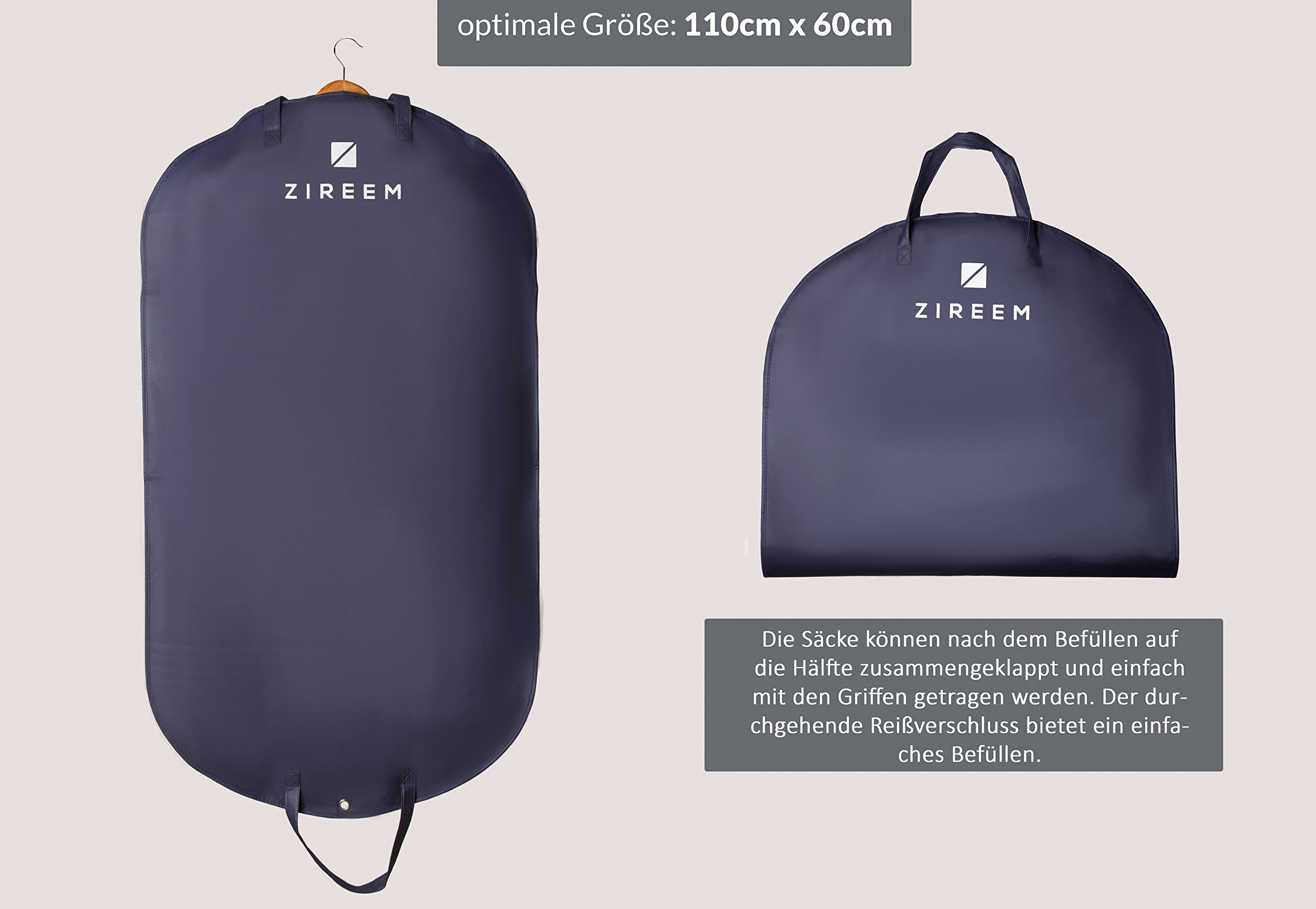 3x Kleidersack von Zireem | inkl. kostenlosem Schuhbeutel & Textilbürste | Premium Stabiler Kleidertasche | Kleiderhülle | Atmungsaktiv | hochwertiger Anzugsack | tiefblau | 110 × 60 cm |