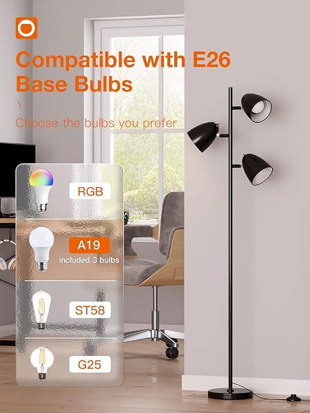 ADDLON TREE FLOOR LAMP WITH 3 ADJUSTABLE ROTATING LIGHTS AND MATCHING LED BULBS, STANDING TALL POLE LAMPS FOR LIVING ROOM, BEDROOM, HOME, OFFICE – BLACK