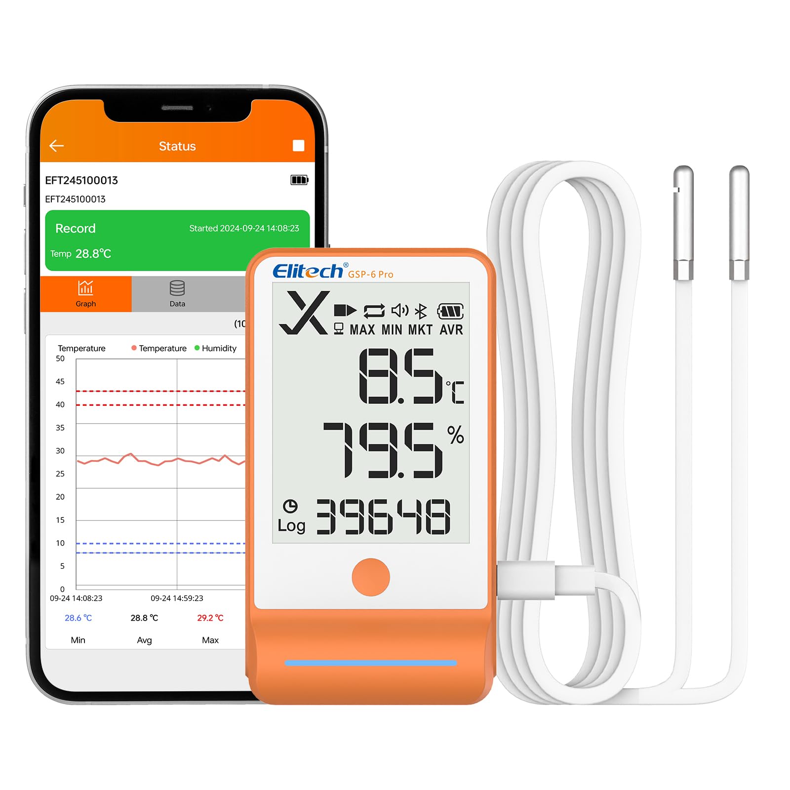 Elitech Data Logger Temperature Humidity Bluetooth Hygrometer Thermometer with Shadow Data 100000 Points Data Storage Export MAX MIN AVR MKT GSP-6 Pro