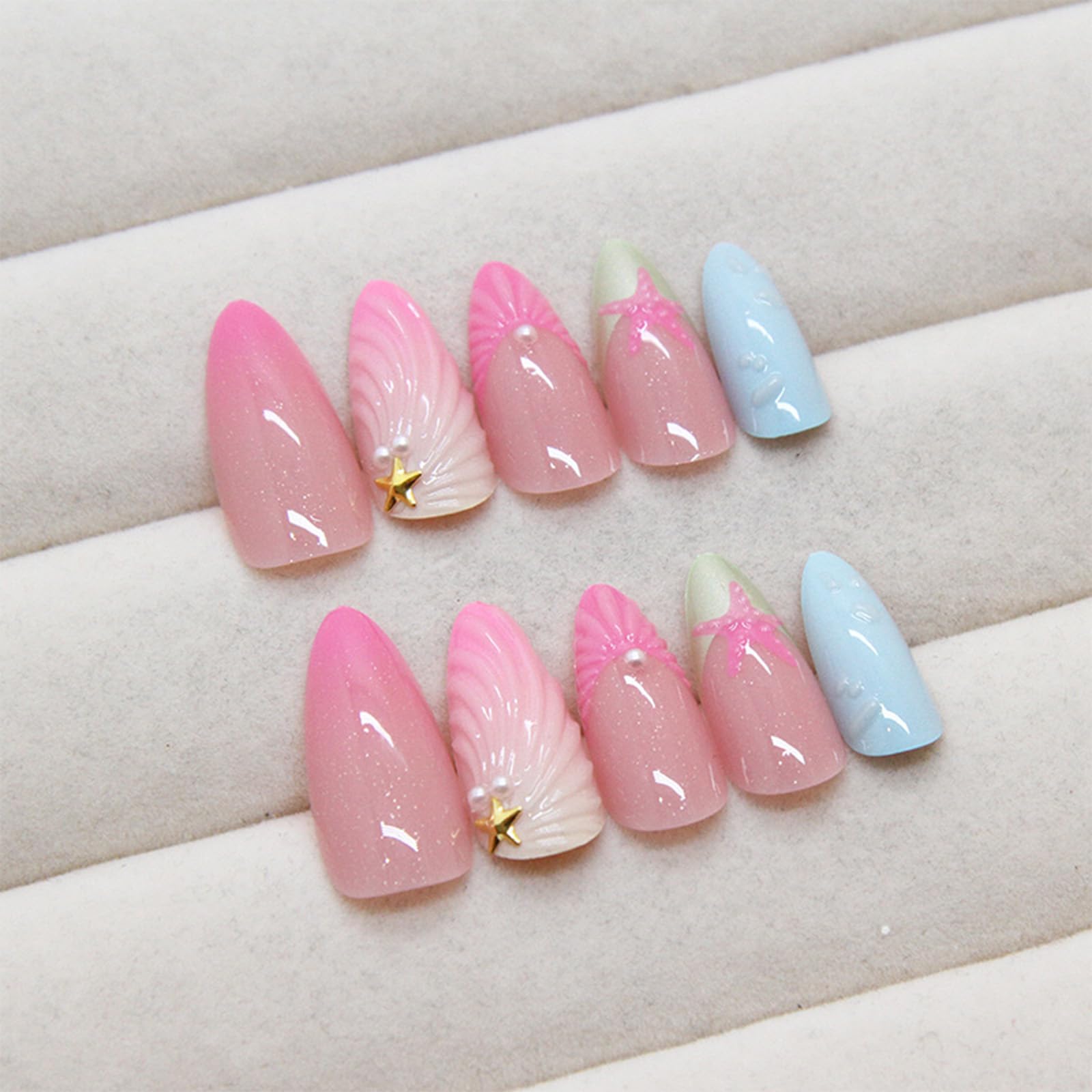 Green French Press on Nails 3D Curve Line Stick on Nails Ocean Shell Design Starfish Acrylic Fake Medium Almond Nails 24 Pcs Glossy Pink Gradient False Nails Stars Gel Glue on Nails for Women Girls - Image 2