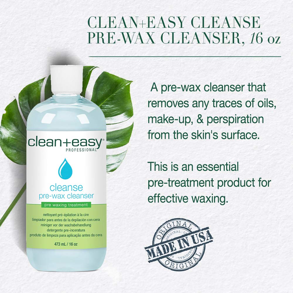 Clean + Easy Pre Wax Cleanser – Removes Oil, Dirt & Makeup for Smoother Waxing, Pre Treatment Wax Remover for Effective Hair Removal, Pre Wax Care, 16 oz