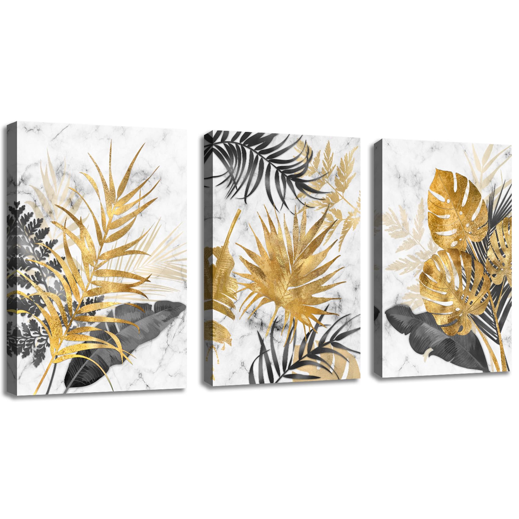 FajerminArt 3 Pieces Modern Canvas Wall Art Marble Tropical Grey Gold Leaves Pictures Printed Art Painting for Living Room Bedroom Office, Ready To Hang, Stretched On Frame, 30x40cmx3 Pcs — image 1
