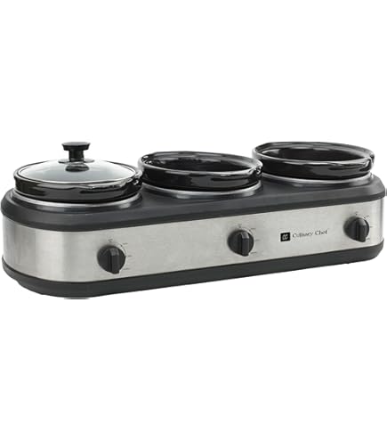 MegaChef MC-1203 Triple 2.5 Quart Slow Cooker y Buffet Servidor en acabado plateado cepillado y negro con 3 ollas de cerámica y tapa extraíble