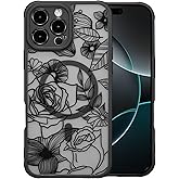 XIZYO Magnetic Case for iPhone 16 Pro Max Floral Rose Cute Phone Case [Compatible with Magsafe] for Women Girls Aesthetic Pattern Slim TPU Shockproof Bumper Cover, Black