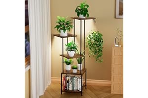 Homsorout Plant Stand Indoor with Grow Light, 5-Tiered Tall Plant Stand Indoor, Metal Plant Shelf with Hanging Basket Hook and Adjustable Light, Ideal for Living Room, Garden, Patio (Black Brown)