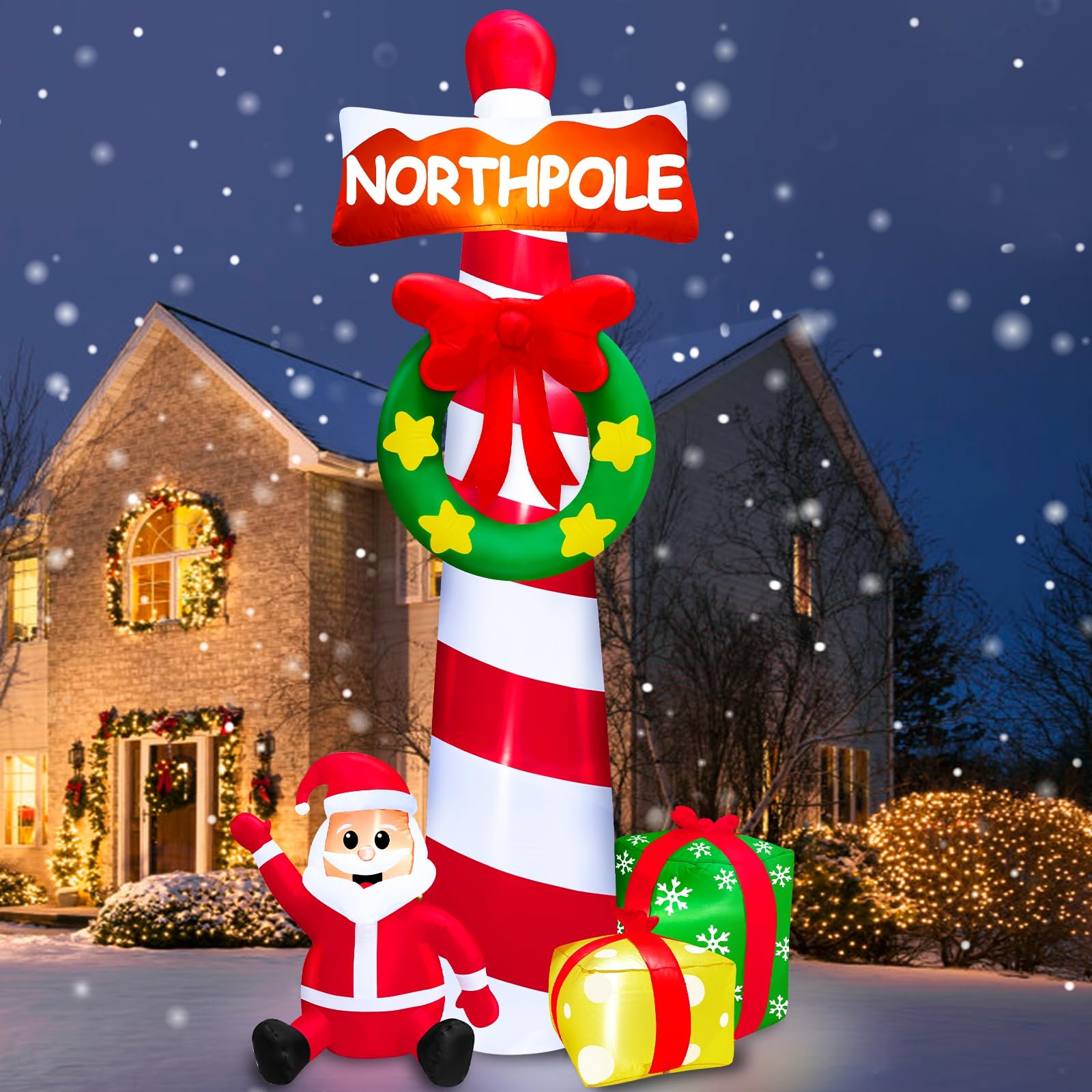 Photo 1 of TURNMEON 12 Feet Giant Christmas Inflatable Outdoor Decorations North Pole Guidepost with Wreath Santa Claus Gift Box Built-in LED Lights Blow Up Lawn Outside Yard Garden Party Decor