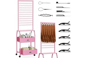 XINTUO Portable Braiding Hair Rack with Wheels & Storage Drawers,2-Sided 288 Pegs,Hair Extension Holder Hanger for Braiding Hair Separator Stand Display,Hair Rack with Stylist Hair braiding Tools（Pink）