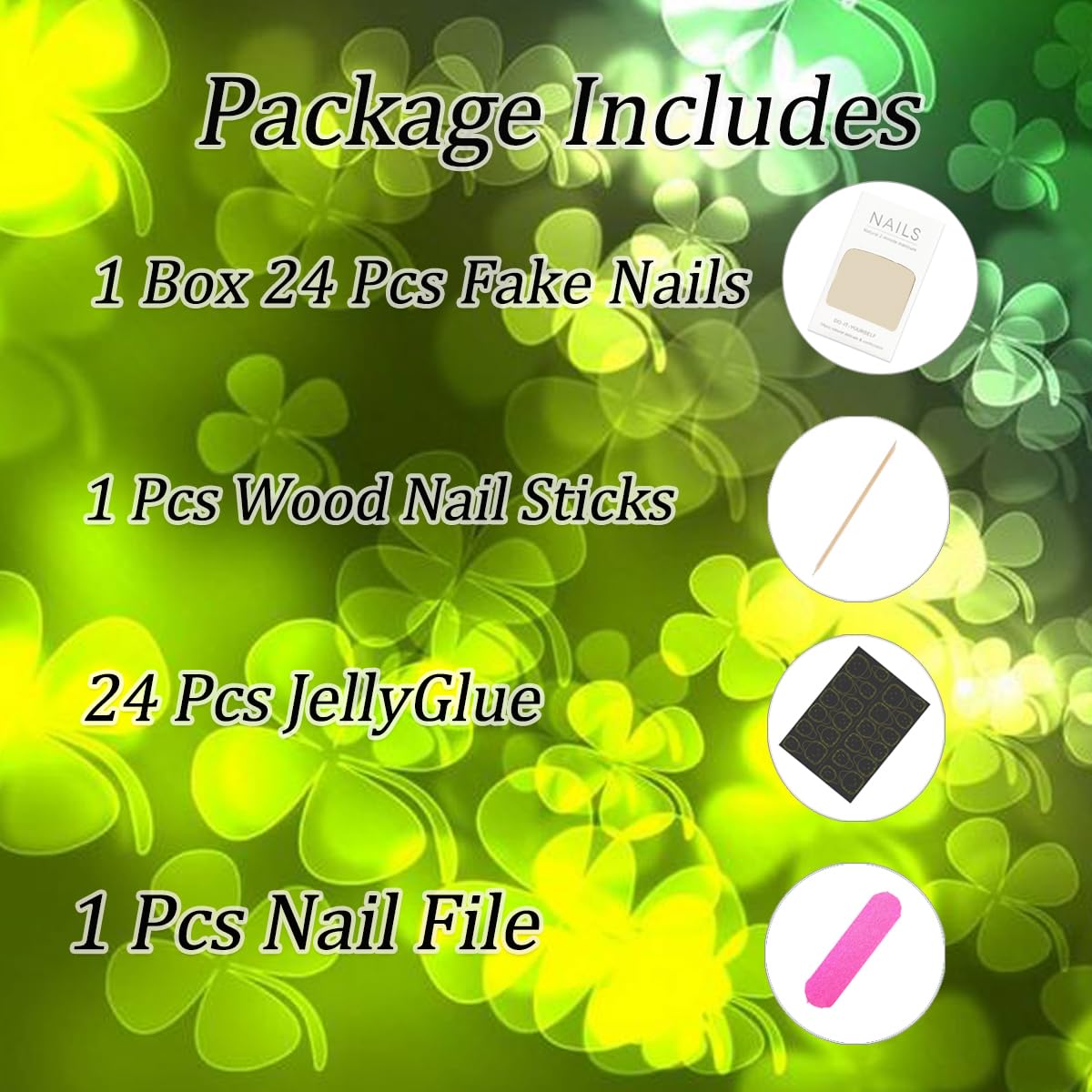 St. Patrick's Day Glitter Press on Nails Short Square Fake Nails Shamrock French Tip False Nails with Lucky Clover Designs, Full Cover Acrylic on Nails Glue on Nails for Holiday DIY Manicure 24Pcs - Image 6