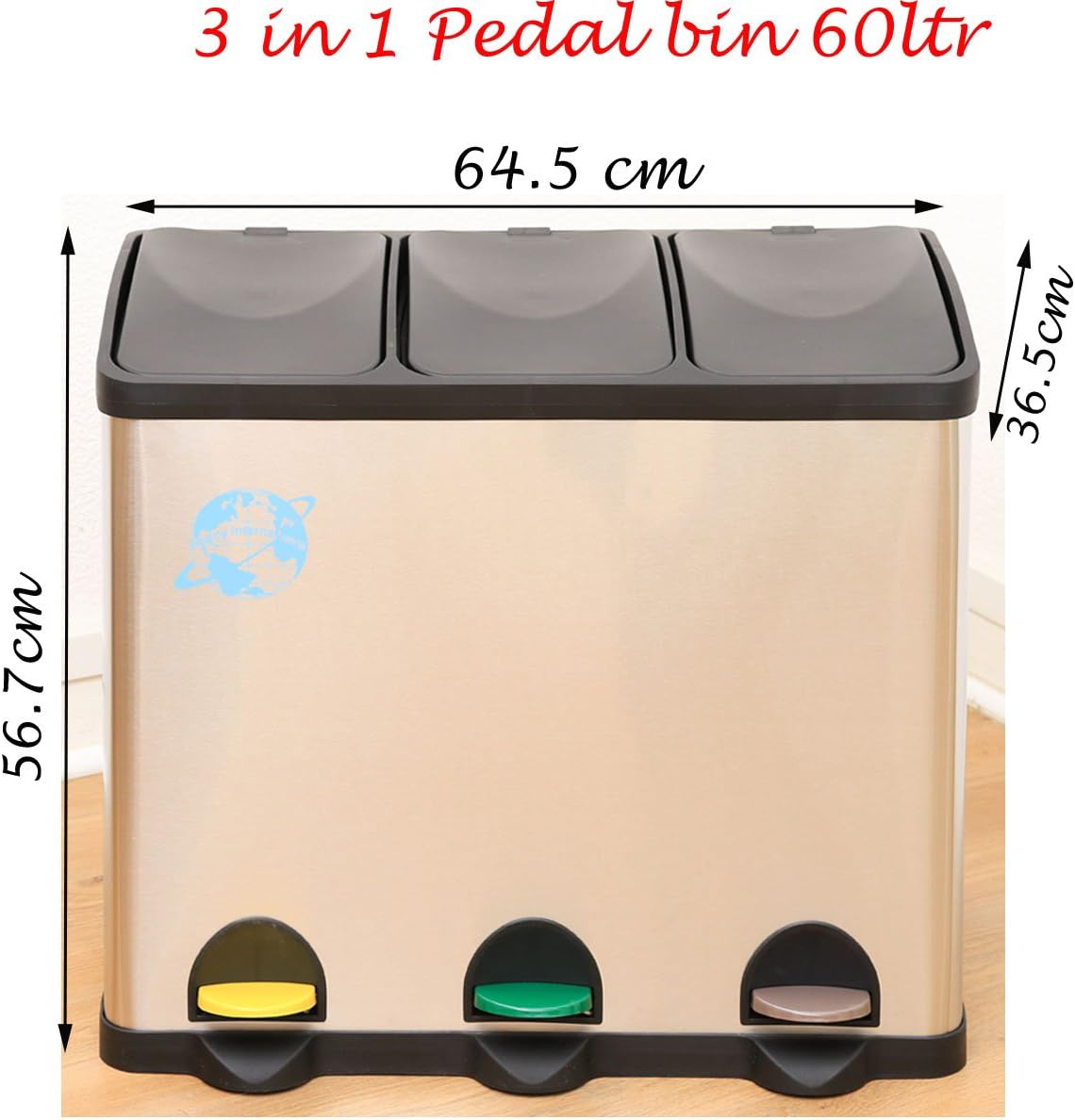 3 in 1 Recycling Rubbish Waste Pedal bin Stainless Steel & 2 in 1