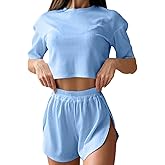 Remidoo Women's Split Shorts Pajama Set Short Sleeve Tops and Shorts 2 Piece Pjs
