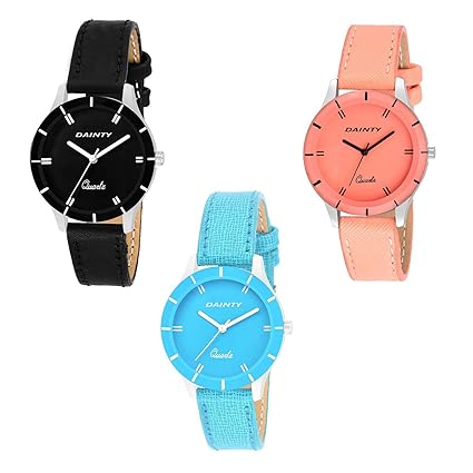 Multi~Colour Leather Strap Partywear+Casual+Formal Combo of 3 Watch - for Girls