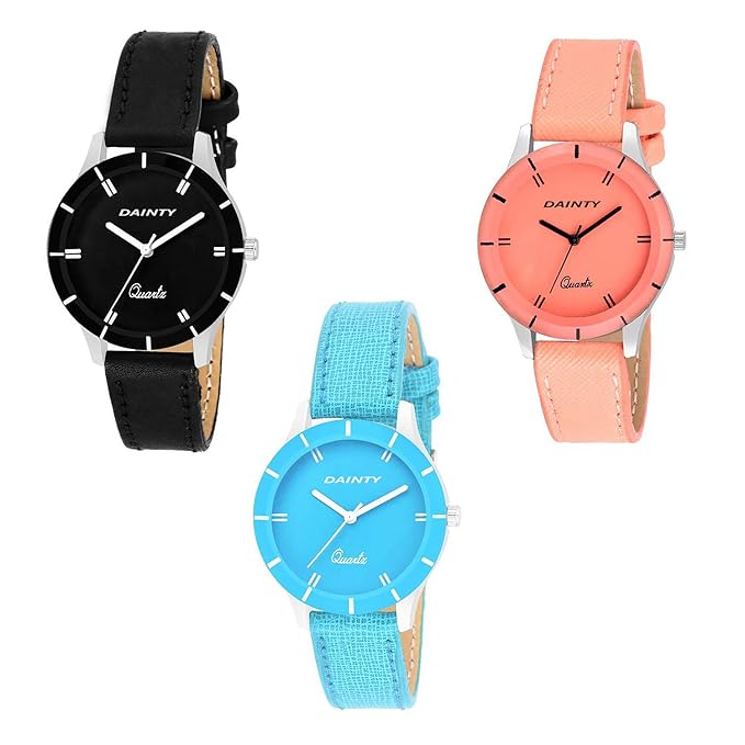 DAINTY Multi~Colour Leather Strap Partywear+Casual+Formal Combo of 3 Watch - for Girls
