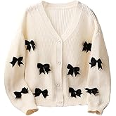 BEAUDRM Girl's Cute Bow Cardigan Sweater Button Up V Neck Long Sleeve Fall Cardigans Knitwear