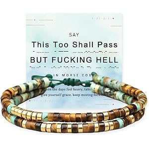 QiaoEEcho This Too Shall Pass Morse Code Bracelet for Women, But Fucking Hell Tiger Eye Turquoise Double Layer Beaded Wrap Br